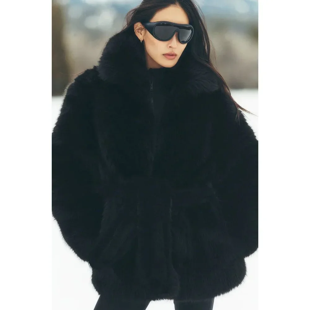 Alo‎ Yoga Starstruck Faux Fur Coat Black Belted Size S